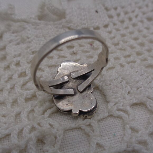 Vintage Blue PAUA SHELL Sterling Silver RING Leaf & Flower SZ. 7.5 - Picture 7 of 9